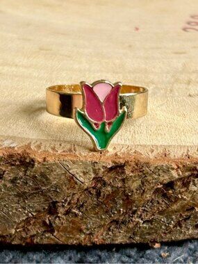 Dainty Floral Tulip Unique Pink Floral Spring Women's Adjustable Ring